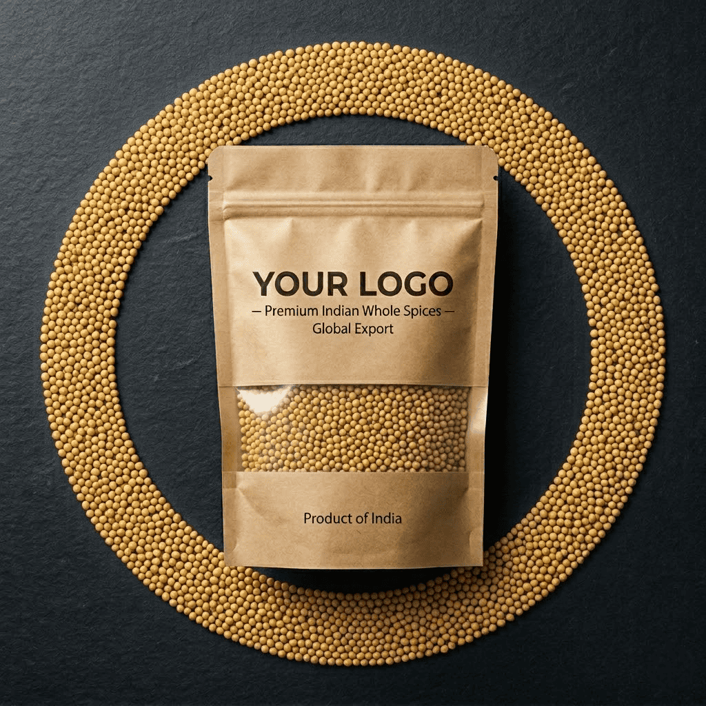 Private Label Mustard Seeds Stand-Up Pouch Packaging Yellow mustard seeds arranged around a stand-up pouch with transparent window for spice packaging.