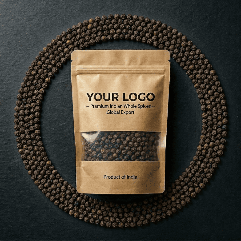 Black peppercorns surrounding transparent stand-up pouch packaging used for private label spice brands. Black peppercorns surrounding transparent stand-up pouch packaging used for private label spice brands.