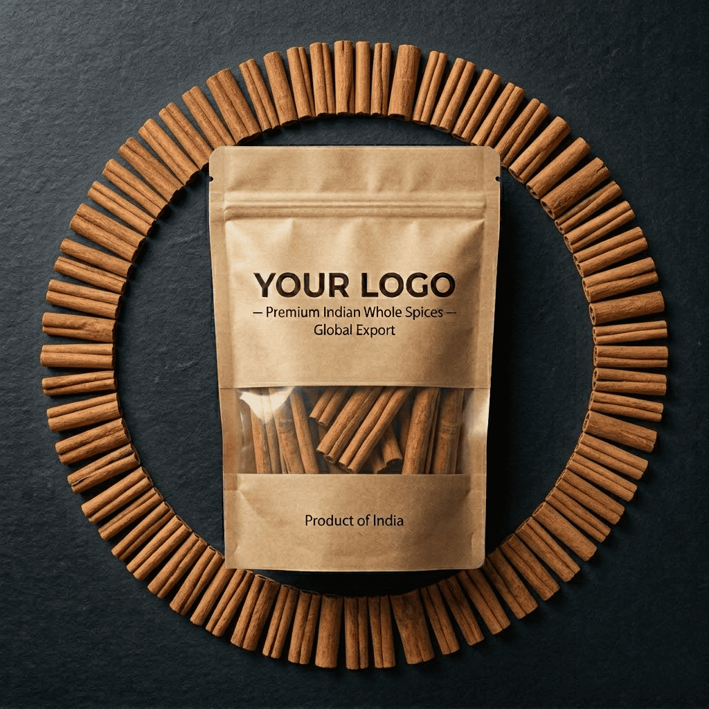 Private Label Cinnamon Sticks Stand-Up Pouch Packaging Cinnamon sticks arranged around stand-up pouch with transparent window used for spice packaging.
