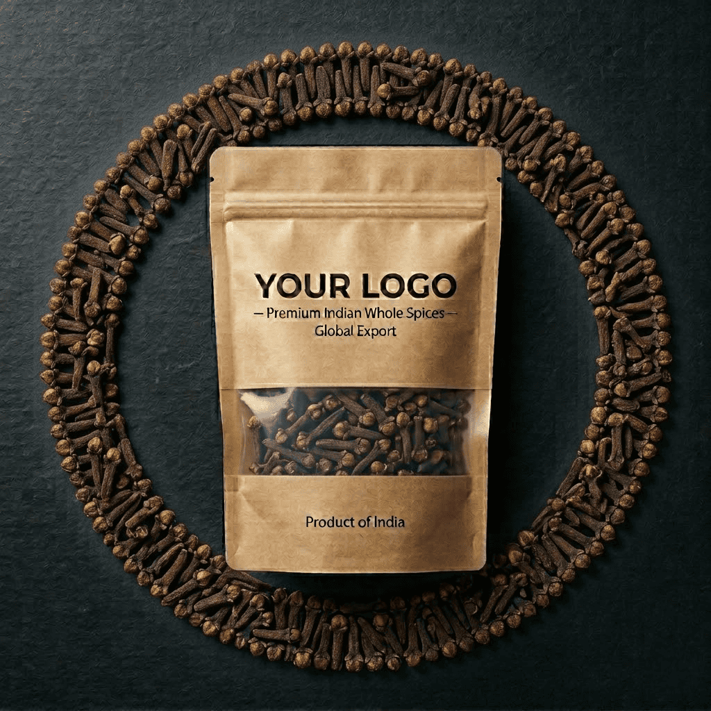 Private Label Whole Cloves Packaging for Grocery Retail Whole cloves displayed around transparent stand-up pouch packaging for private label spice brands.