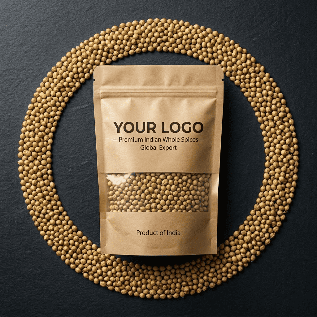 Private Label Coriander Seeds Stand-Up Pouch Packaging Golden coriander seeds displayed around a transparent pouch used for private label spice packaging.