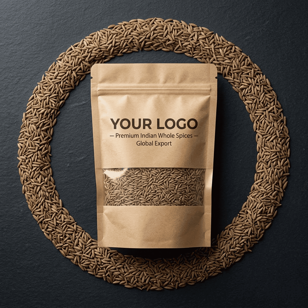 Premium Indian cumin seeds packaged in stand-up pouch format for private label retail. Indian cumin seeds arranged around transparent stand-up pouch packaging for private label spice retail.