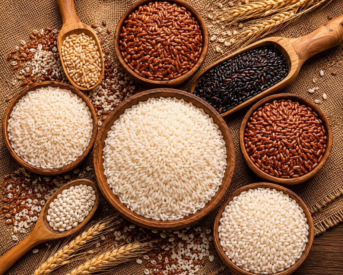 Assorted Indian rice and grain varieties displayed in rustic wooden bowls with scoops and wheat on a textured brown background.