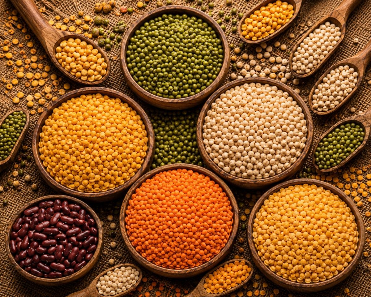Colorful Indian pulses and lentils arranged in wooden bowls and spoons on a natural rustic surface