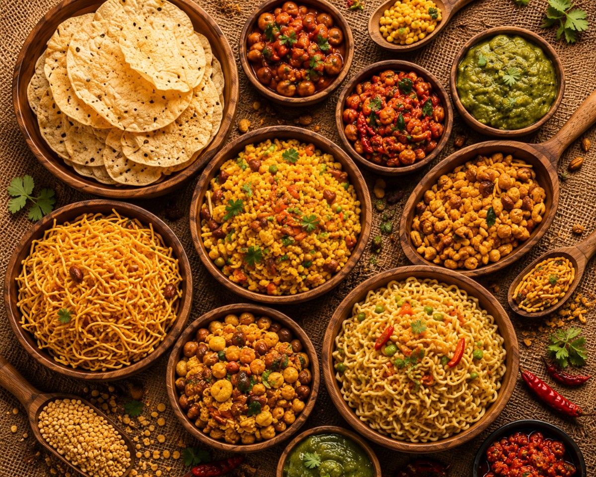 Variety of ready-to-eat Indian snacks and instant meals served in wooden bowls with traditional spices and chutneys.